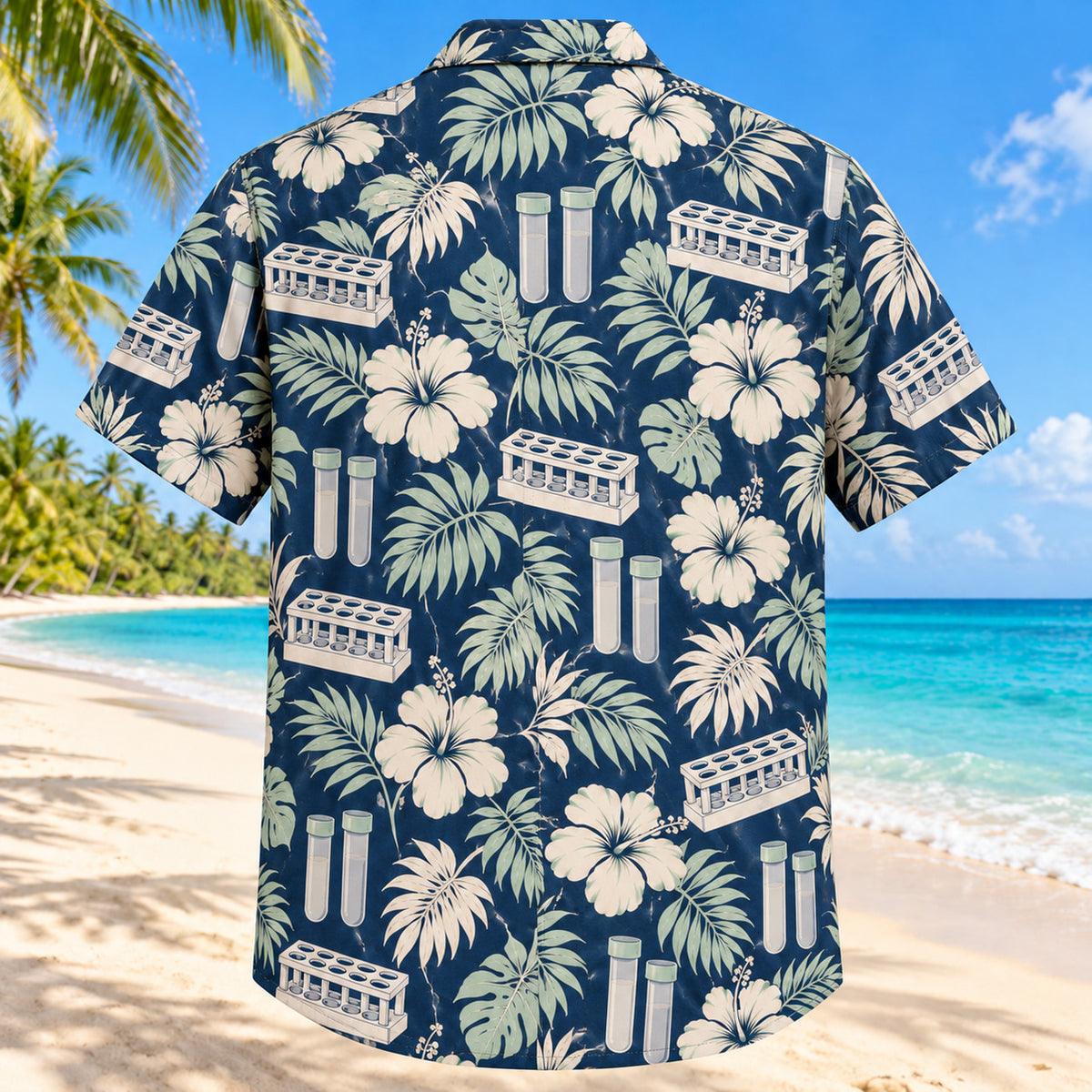 Back view of Rack And Leaves Navy Cream Phlebotomist Hawaiian Shirt with matching artwork in navy, warm ivory, pale seafoam