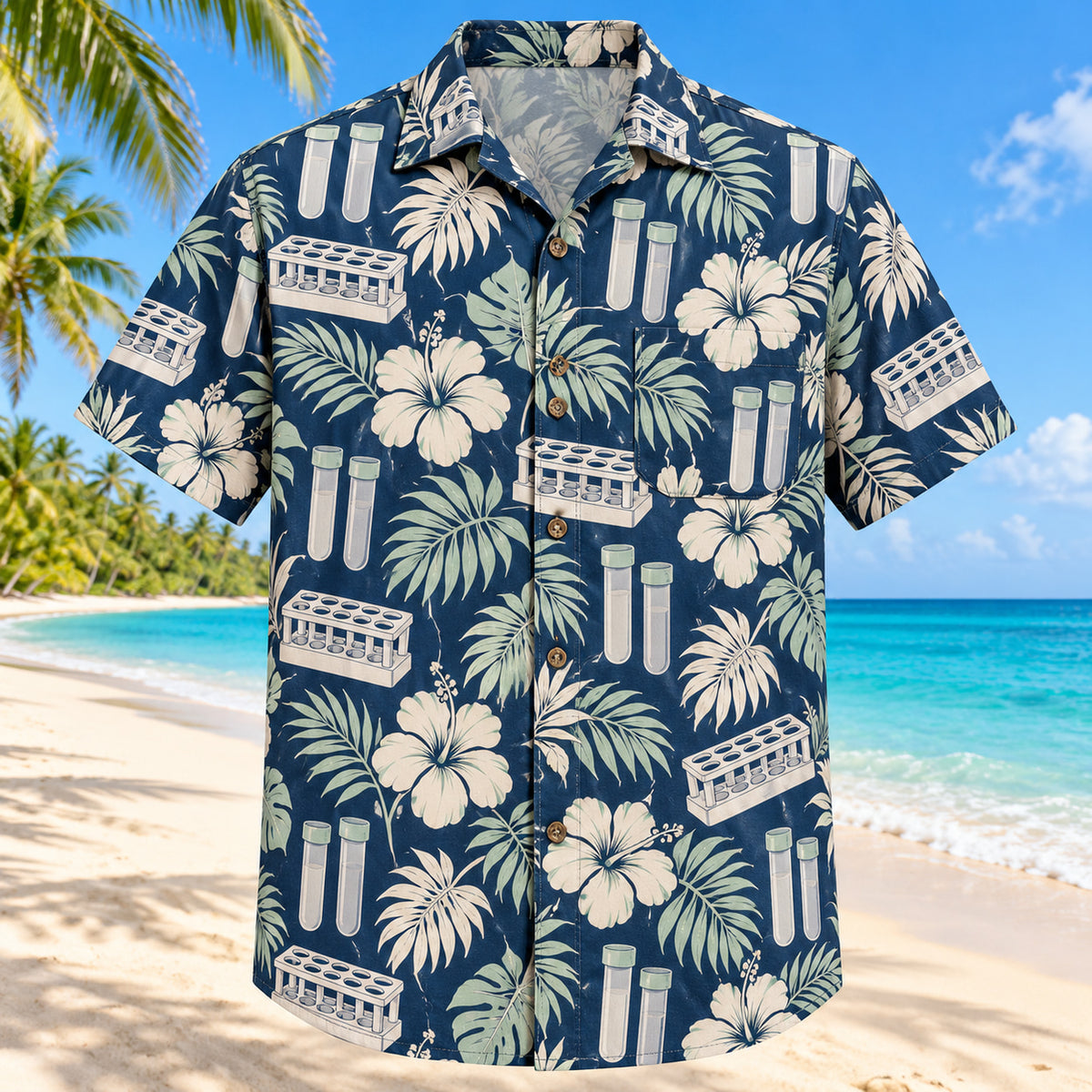 Rack And Leaves Navy Cream Phlebotomist Hawaiian Shirt