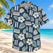Front view of Rack And Leaves Navy Cream Phlebotomist Hawaiian Shirt with original generic empty specimen racks, blank tubes and tropical foliage in offset rows