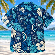 Back view of Radio Signal Navy EMT and Paramedic Hawaiian Shirt on a Hawaiian beach with fine white sand