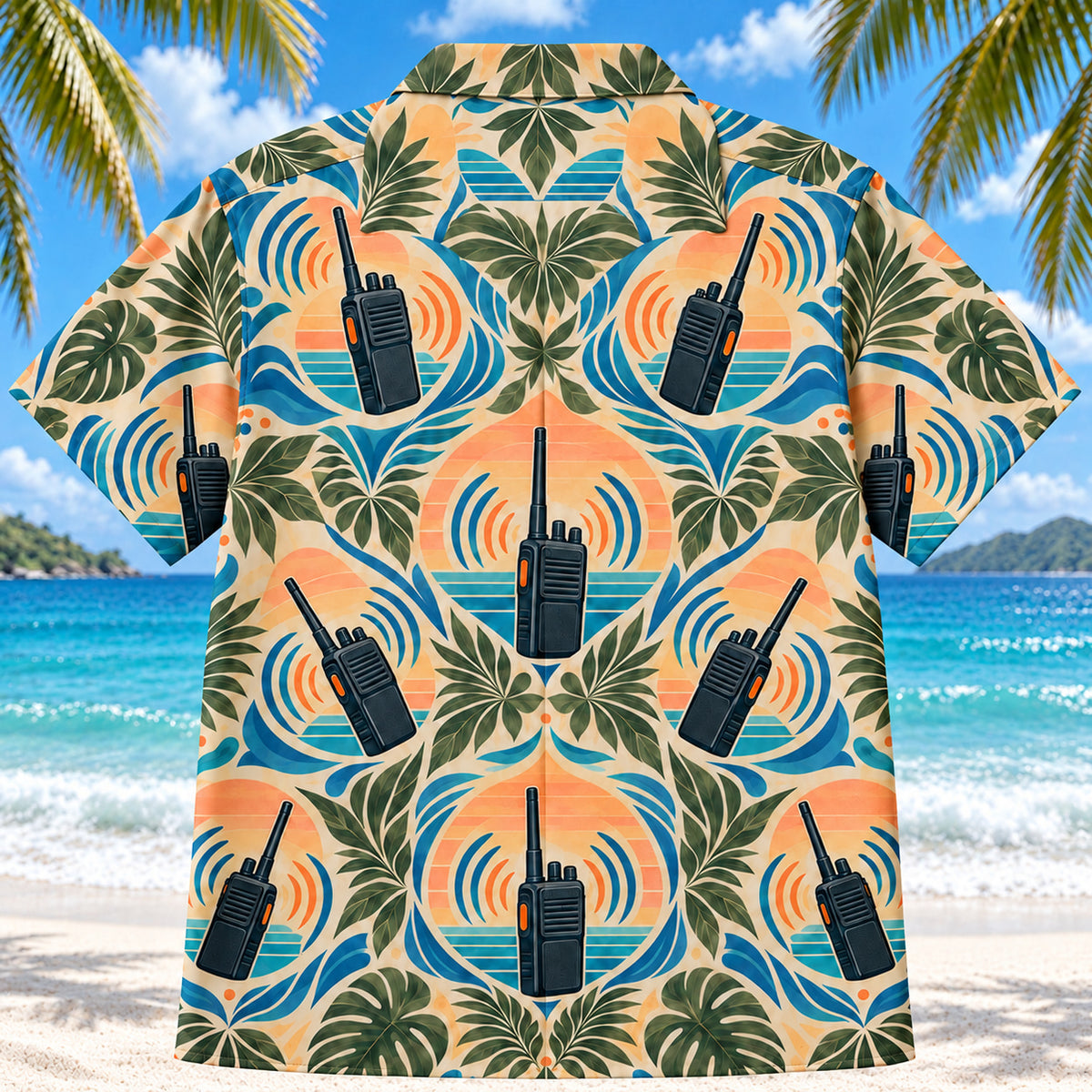 Back view of Radio Signal Sunset EMT and Paramedic Hawaiian Shirt on a Hawaiian beach with fine white sand