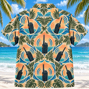 Back view of Radio Signal Sunset EMT and Paramedic Hawaiian Shirt on a Hawaiian beach with fine white sand