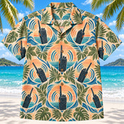 Front view of Radio Signal Sunset EMT and Paramedic Hawaiian Shirt on a Hawaiian beach with fine white sand