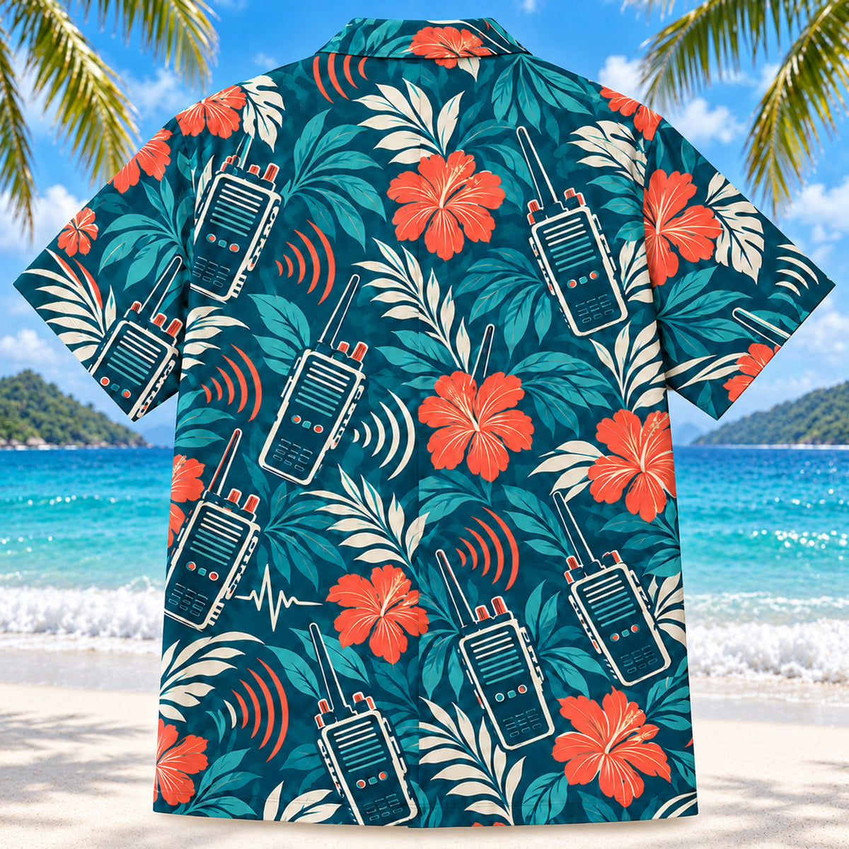Back view of Radio Signal Teal EMT and Paramedic Hawaiian Shirt on a Hawaiian beach with fine white sand