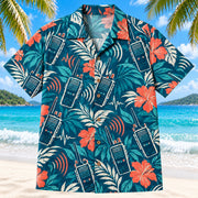 Front view of Radio Signal Teal EMT and Paramedic Hawaiian Shirt on a Hawaiian beach with fine white sand