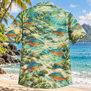 Back view of Rainbowfish Stream Freshwater Aquarium Hawaiian Shirt with matching artwork in rainbow, teal, cream