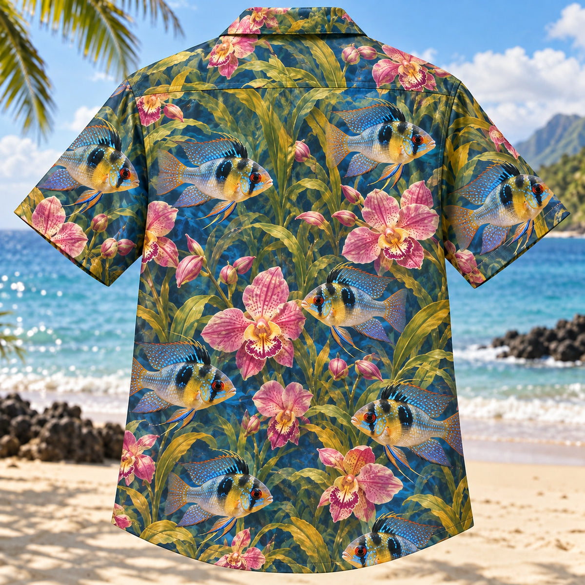 Back view of Ram Cichlid Orchid Freshwater Aquarium Hawaiian Shirt with matching artwork in gold, blue, pink