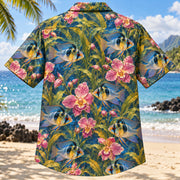 Back view of Ram Cichlid Orchid Freshwater Aquarium Hawaiian Shirt with matching artwork in gold, blue, pink