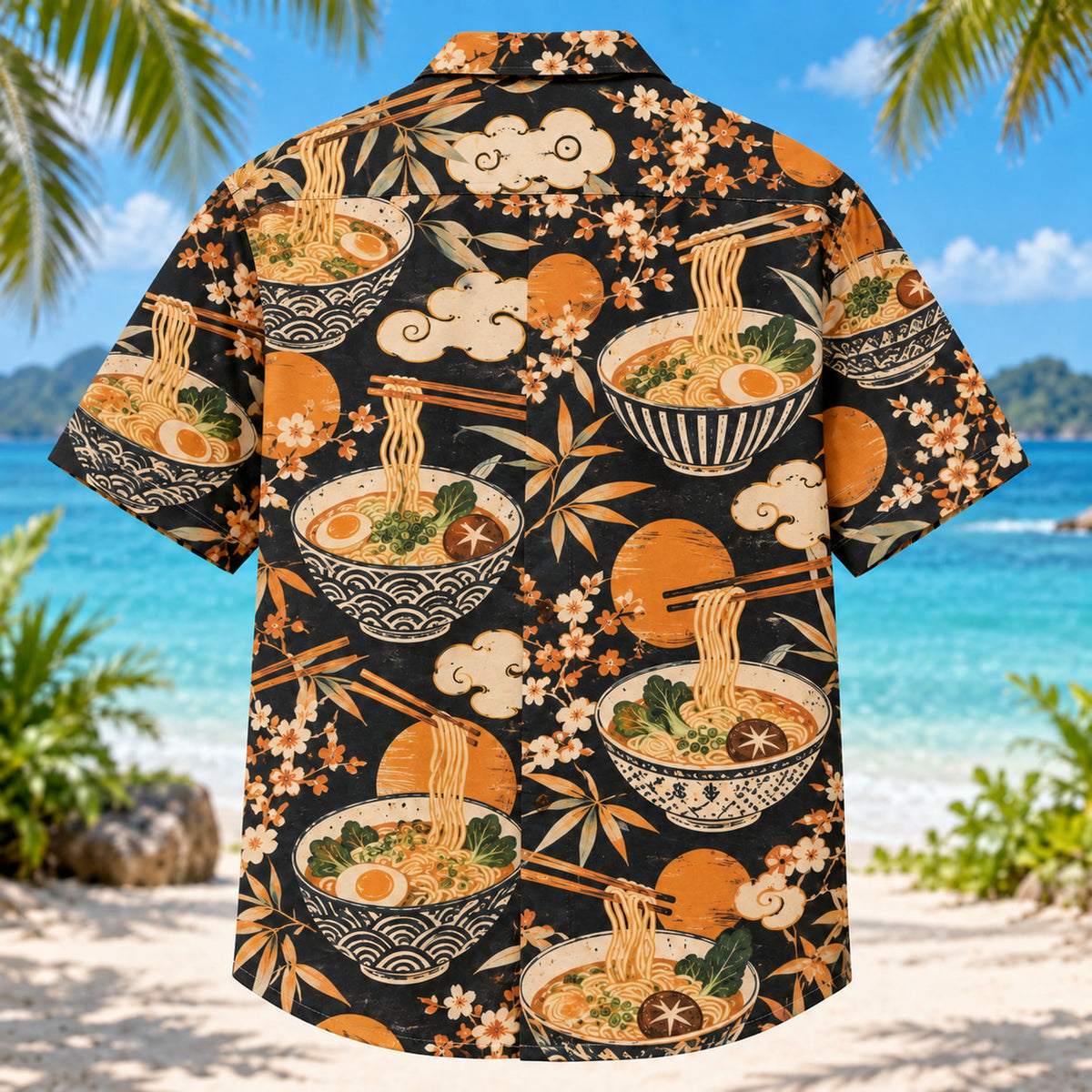Back view of Ramen Bowl Japanese Food Hawaiian Shirt with matching artwork in amber, black, cream