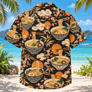 Back view of Ramen Bowl Japanese Food Hawaiian Shirt with matching artwork in amber, black, cream