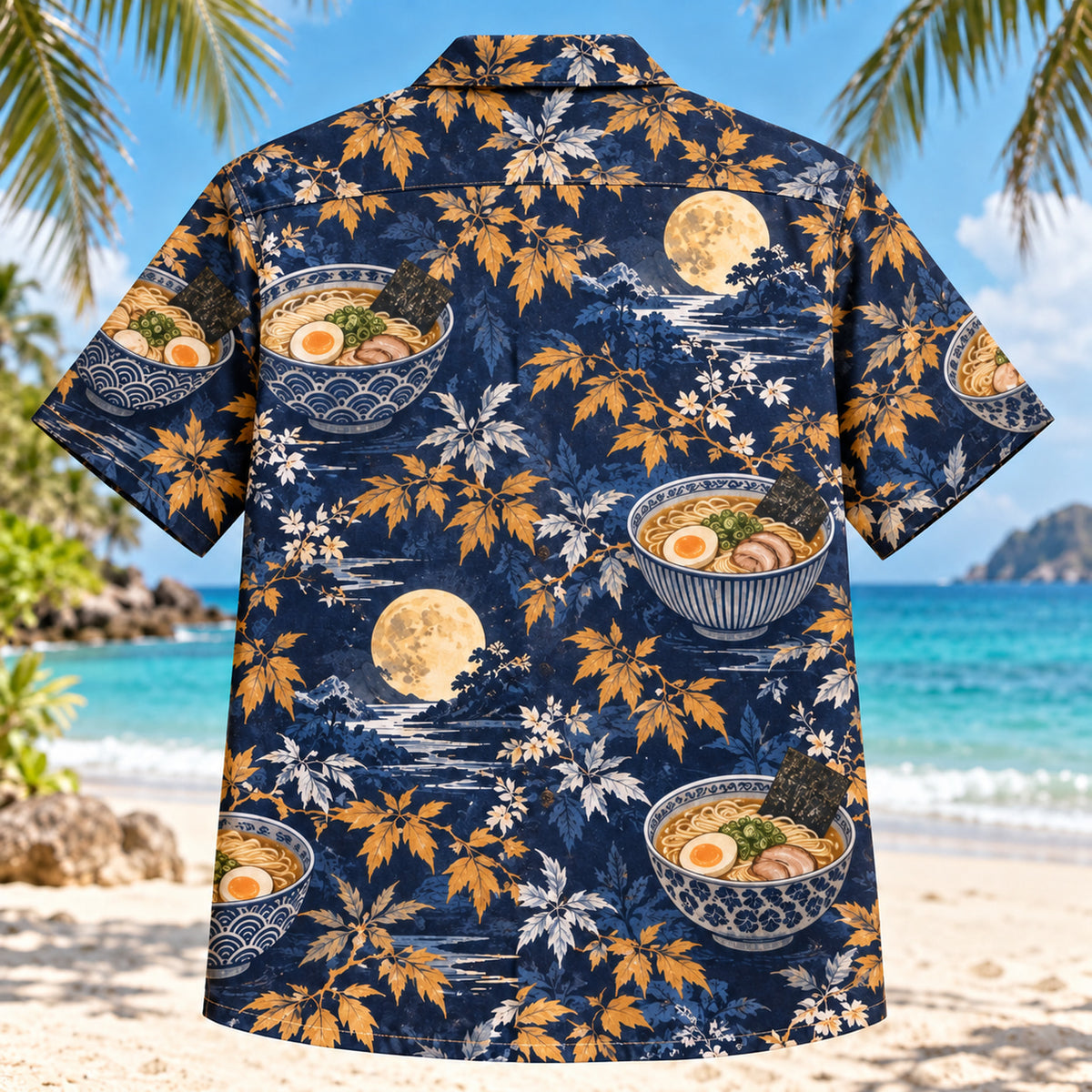 Back view of Ramen Night Japanese Food Hawaiian Shirt with matching artwork in indigo, amber, white