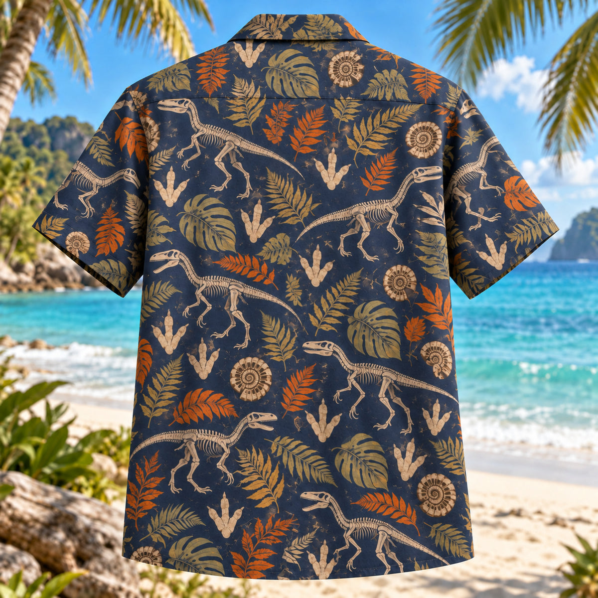 Back view of Raptor Footprints Dinosaur Hawaiian Shirt with matching artwork in navy, tan, orange