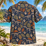 Back view of Raptor Footprints Dinosaur Hawaiian Shirt with matching artwork in navy, tan, orange
