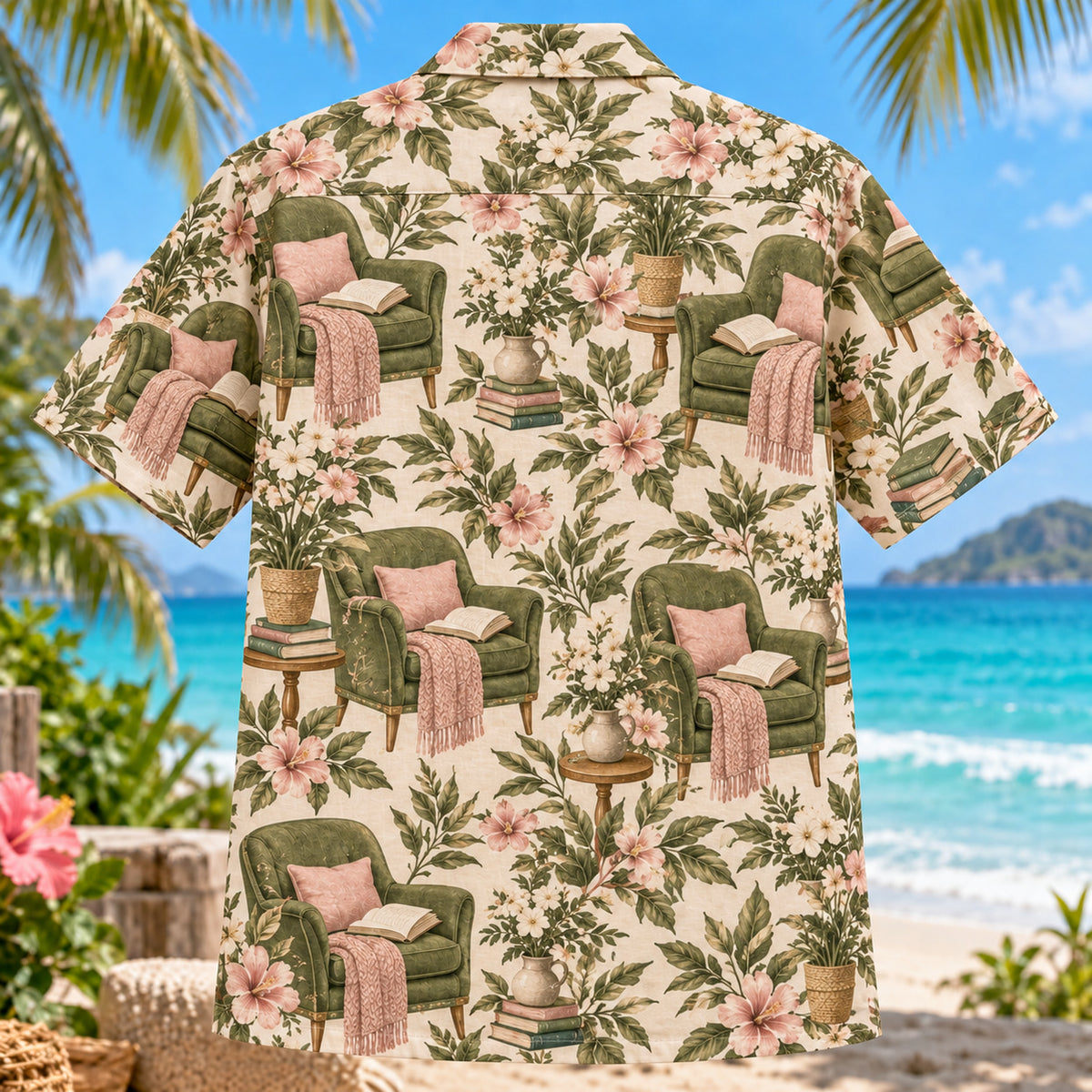 Back view of Reading Chair Book Lover Hawaiian Shirt with matching artwork in olive, blush, cream