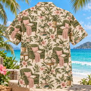 Back view of Reading Chair Book Lover Hawaiian Shirt with matching artwork in olive, blush, cream