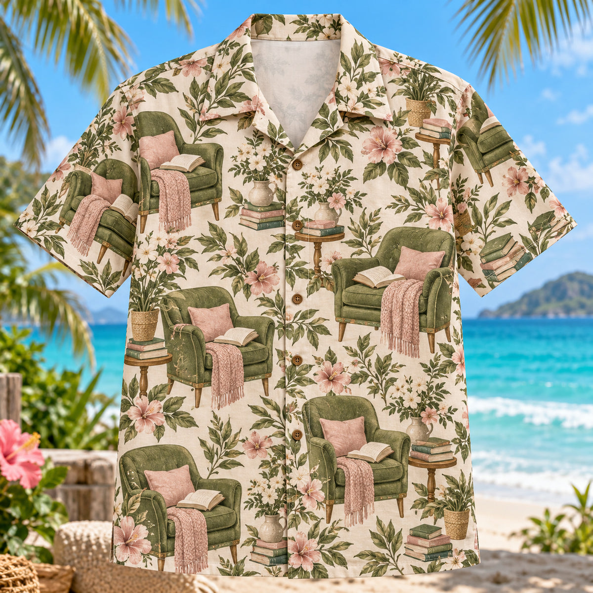 Front view of Reading Chair Book Lover Hawaiian Shirt with generic cozy reading chairs with blank books and flowers