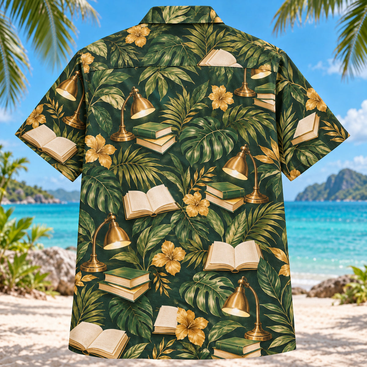 Back view of Reading Lamp Book Lover Hawaiian Shirt with matching artwork in gold, forest, cream