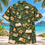 Back view of Reading Lamp Book Lover Hawaiian Shirt with matching artwork in gold, forest, cream
