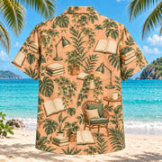 Back view of Reading Nook Book Lover Hawaiian Shirt with matching artwork in peach, olive, cream