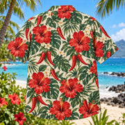 Back view of Red Chili Hibiscus Chili Pepper Hawaiian Shirt with matching artwork in red, green, cream