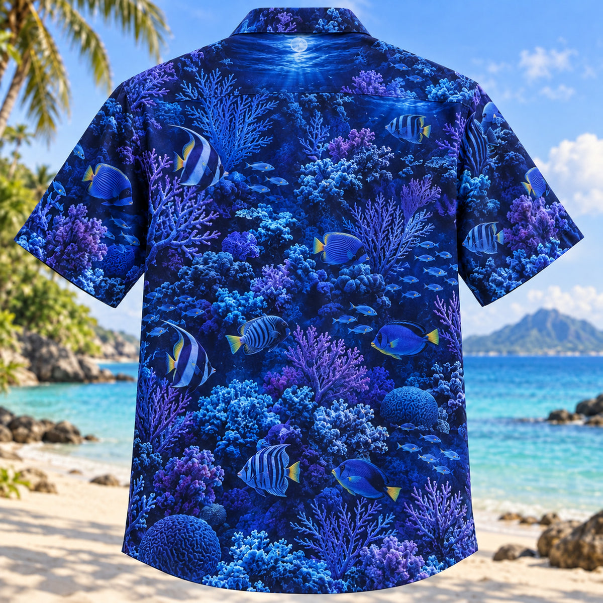 Back view of Reef Night Glow Reef Aquarium Hawaiian Shirt with matching artwork in indigo, cyan, violet