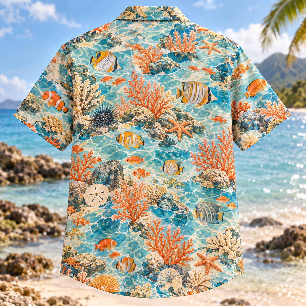 Back view of Reef Tidepool Reef Aquarium Hawaiian Shirt with matching artwork in aqua, orange, cream