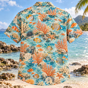Back view of Reef Tidepool Reef Aquarium Hawaiian Shirt with matching artwork in aqua, orange, cream
