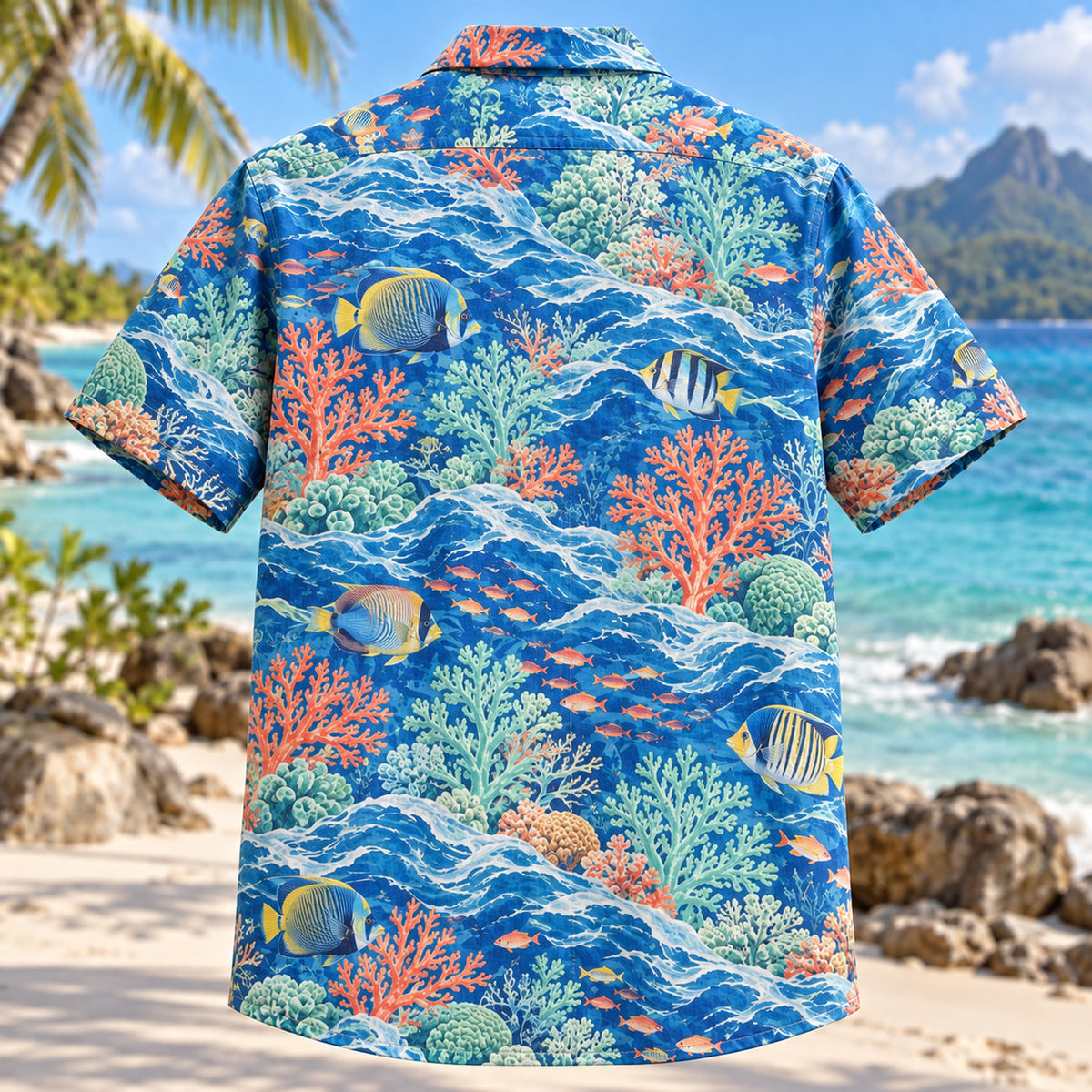 Back view of Reef Wave Reef Aquarium Hawaiian Shirt with matching artwork in cobalt, mint, coral