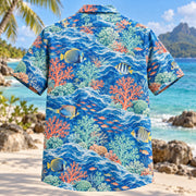 Back view of Reef Wave Reef Aquarium Hawaiian Shirt with matching artwork in cobalt, mint, coral