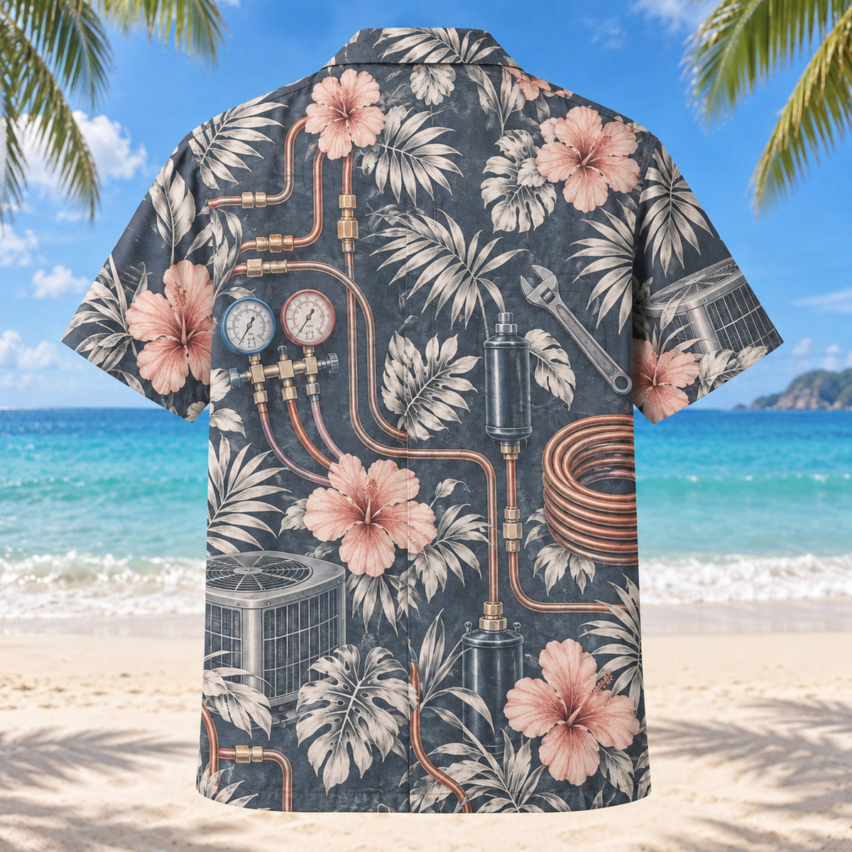 Back view of Refrigerant Line HVAC Hawaiian Shirt with matching artwork in slate, blush, ivory