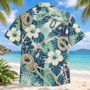 Back view of Rescue Rope Firefighter Hawaiian Shirt with matching artwork in seafoam, navy, ivory