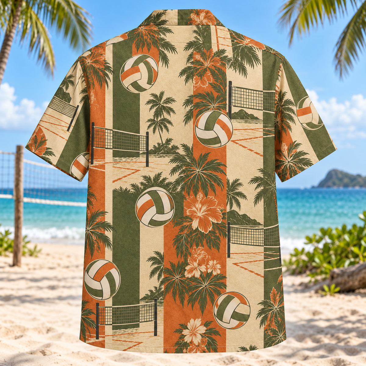 Back view of Resort Stripes Beach Volleyball Hawaiian Shirt with matching beach volleyball artwork in olive green, parchment, burnt orange