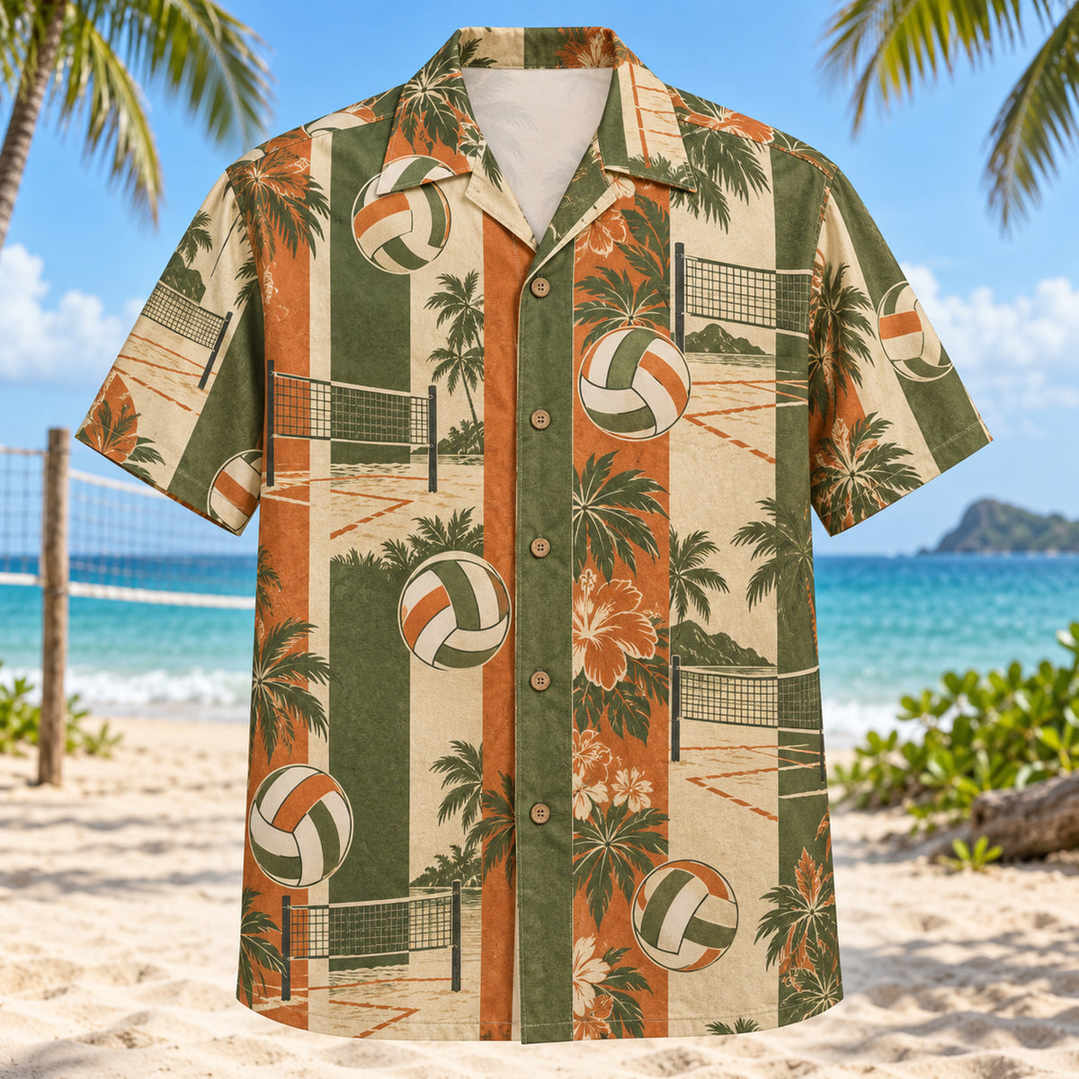 Front view of Resort Stripes Beach Volleyball Hawaiian Shirt with vertical resort stripes rhythmically interrupted by generic paneled volleyballs, beach volleyball nets and sand-court lines