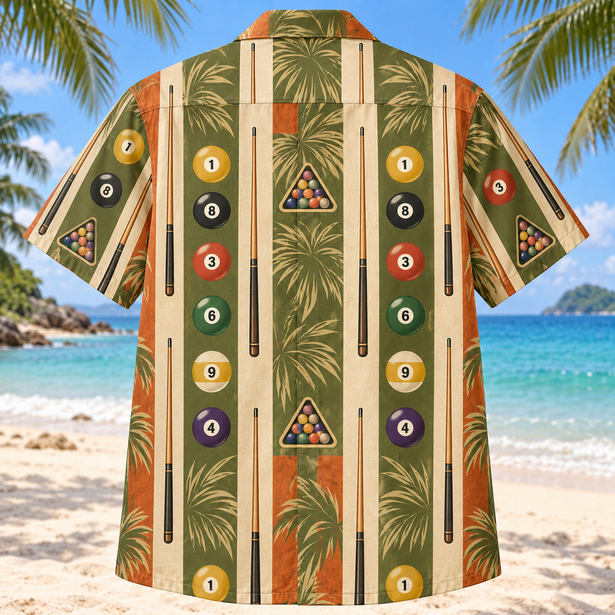 Back view of Resort Stripes Billiards Hawaiian Shirt with matching billiards artwork in olive green, parchment, burnt orange