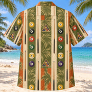 Back view of Resort Stripes Billiards Hawaiian Shirt with matching billiards artwork in olive green, parchment, burnt orange