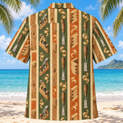Back view of Resort Stripes Carpenter Hawaiian Shirt with matching carpenter artwork in olive green, parchment, burnt orange