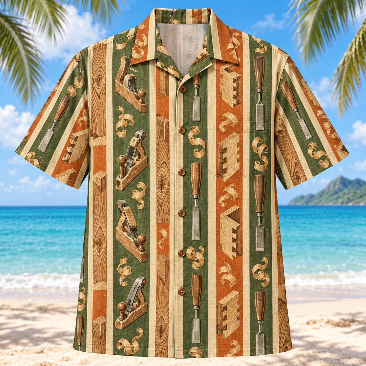 Front view of Resort Stripes Carpenter Hawaiian Shirt with vertical resort stripes rhythmically interrupted by vintage hand planes, chisels, wood joints, shavings and original wood grain