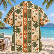 Back view of Resort Stripes Cornhole Hawaiian Shirt with matching cornhole artwork in olive green, parchment, burnt orange
