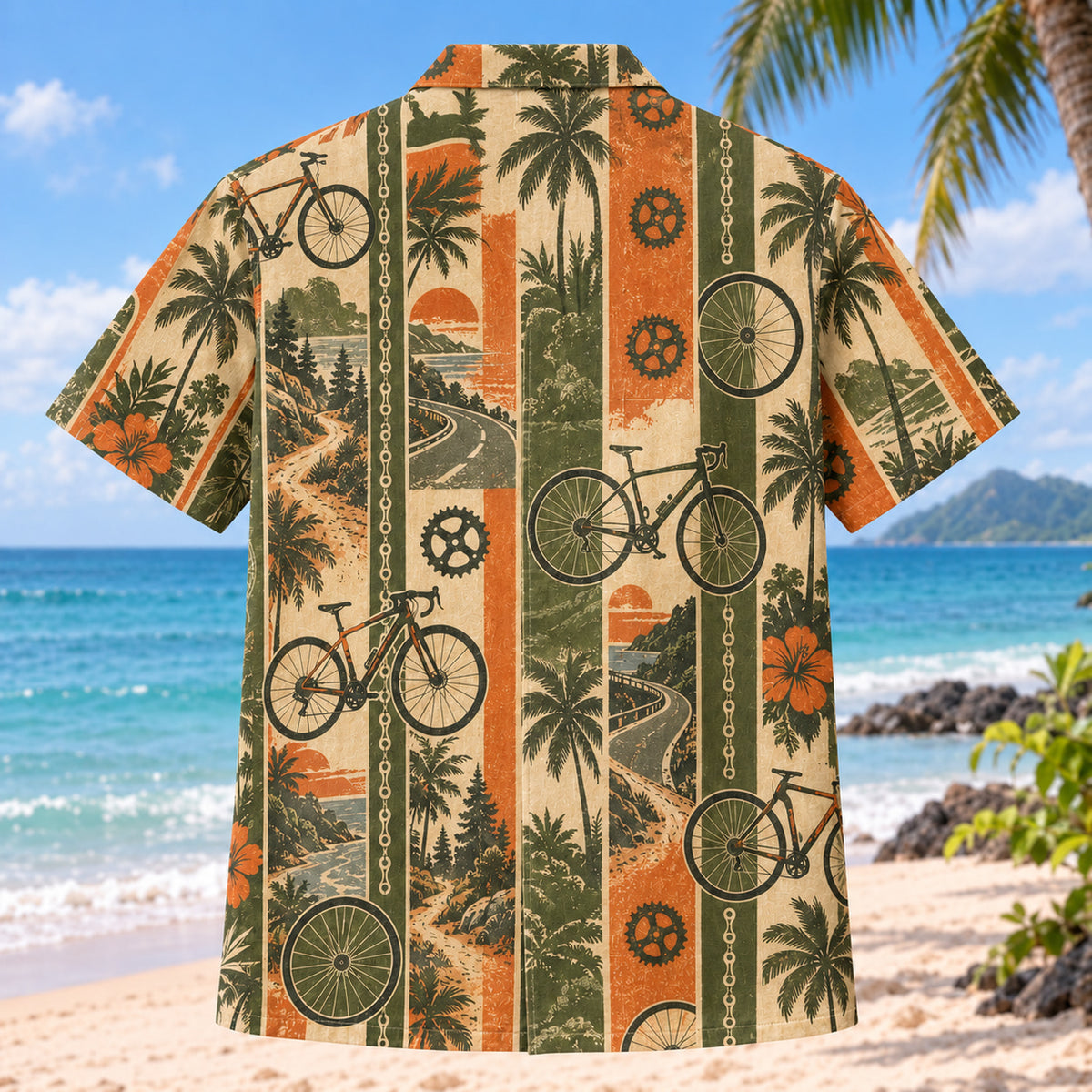 Back view of Resort Stripes Cycling Hawaiian Shirt with matching cycling artwork in olive green, parchment, burnt orange