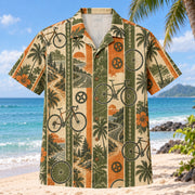 Front view of Resort Stripes Cycling Hawaiian Shirt with vertical resort stripes rhythmically interrupted by generic unbranded bicycles, spinning wheels and simple chainrings