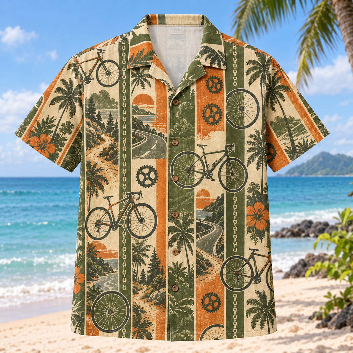 Front view of Resort Stripes Cycling Hawaiian Shirt with vertical resort stripes rhythmically interrupted by generic unbranded bicycles, spinning wheels and simple chainrings