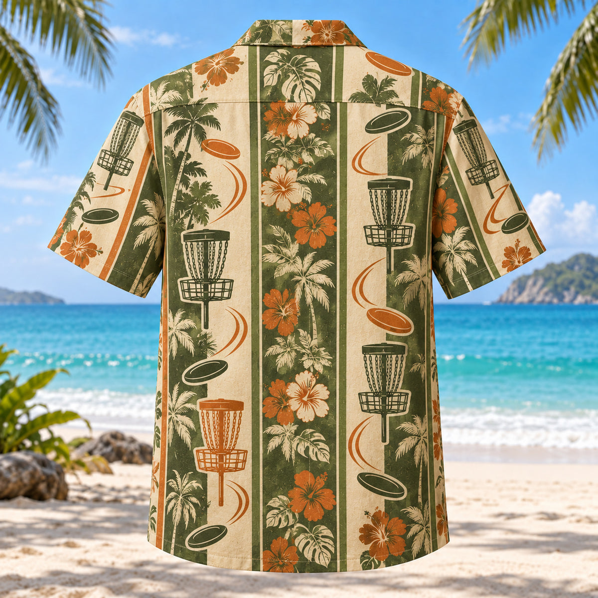 Back view of Resort Stripes Disc Golf Hawaiian Shirt with matching disc golf artwork in olive green, parchment, burnt orange