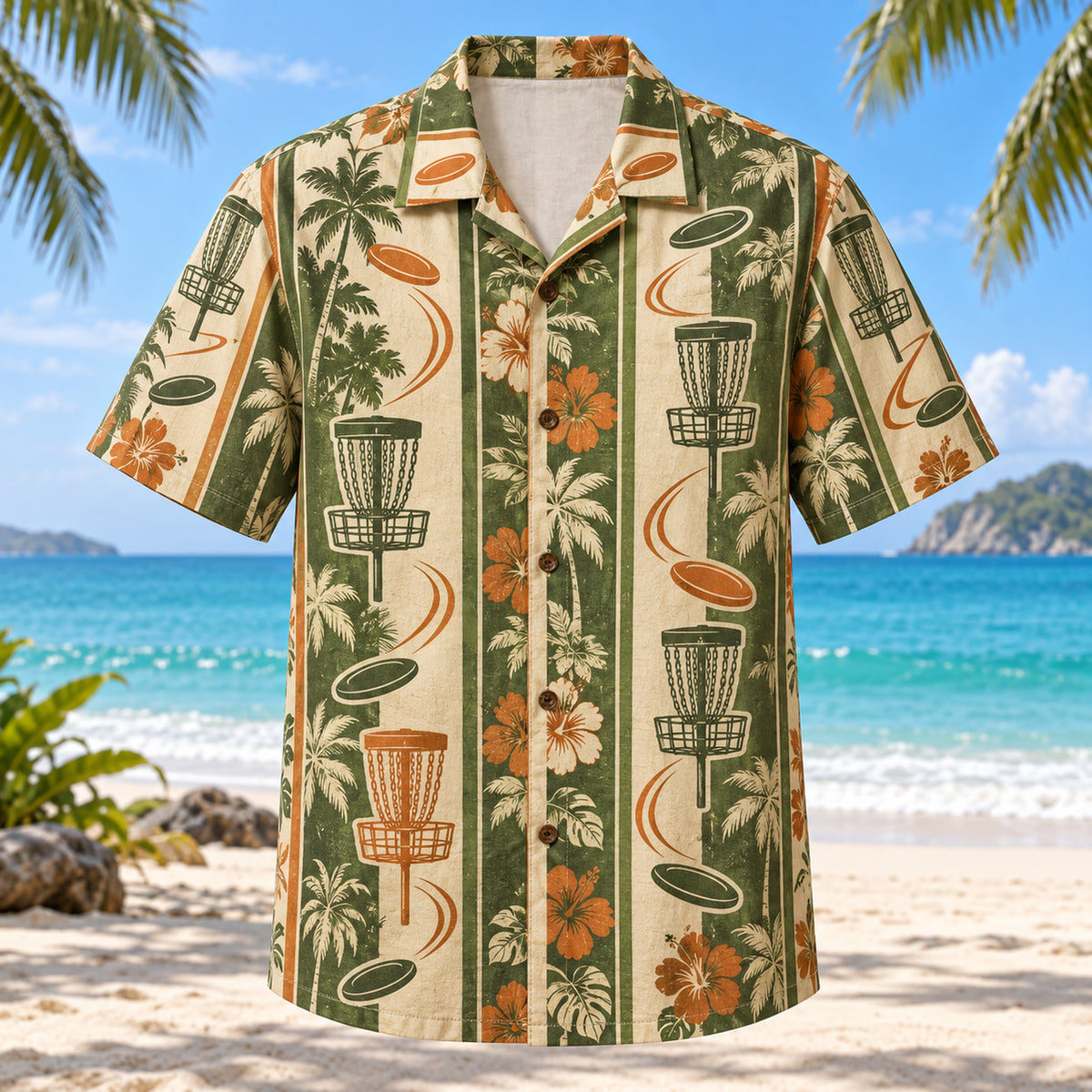 Front view of Resort Stripes Disc Golf Hawaiian Shirt with vertical resort stripes rhythmically interrupted by disc golf chain baskets, plain flying discs and curved flight trails