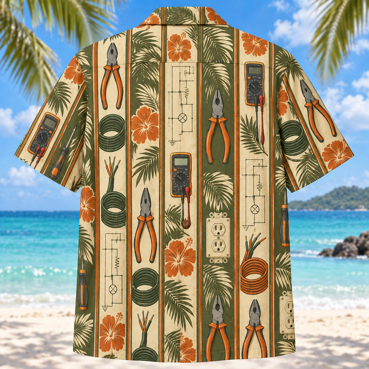 Back view of Resort Stripes Electrician Hawaiian Shirt with matching electrician artwork in olive green, parchment, burnt orange