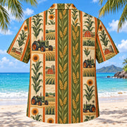 Back view of Resort Stripes Farmer and Tractor Hawaiian Shirt with matching farmer and tractor artwork in olive green, parchment, burnt orange