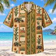 Front view of Resort Stripes Farmer and Tractor Hawaiian Shirt with vertical resort stripes rhythmically interrupted by generic tractors, fields, wheat, barns and crops
