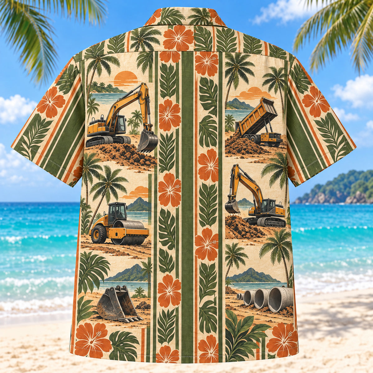 Back view of Resort Stripes Heavy Equipment Operator Hawaiian Shirt with matching heavy equipment operator artwork in olive green, parchment, burnt orange