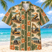 Front view of Resort Stripes Heavy Equipment Operator Hawaiian Shirt with vertical resort stripes rhythmically interrupted by generic excavators, rollers, buckets and original construction scenes