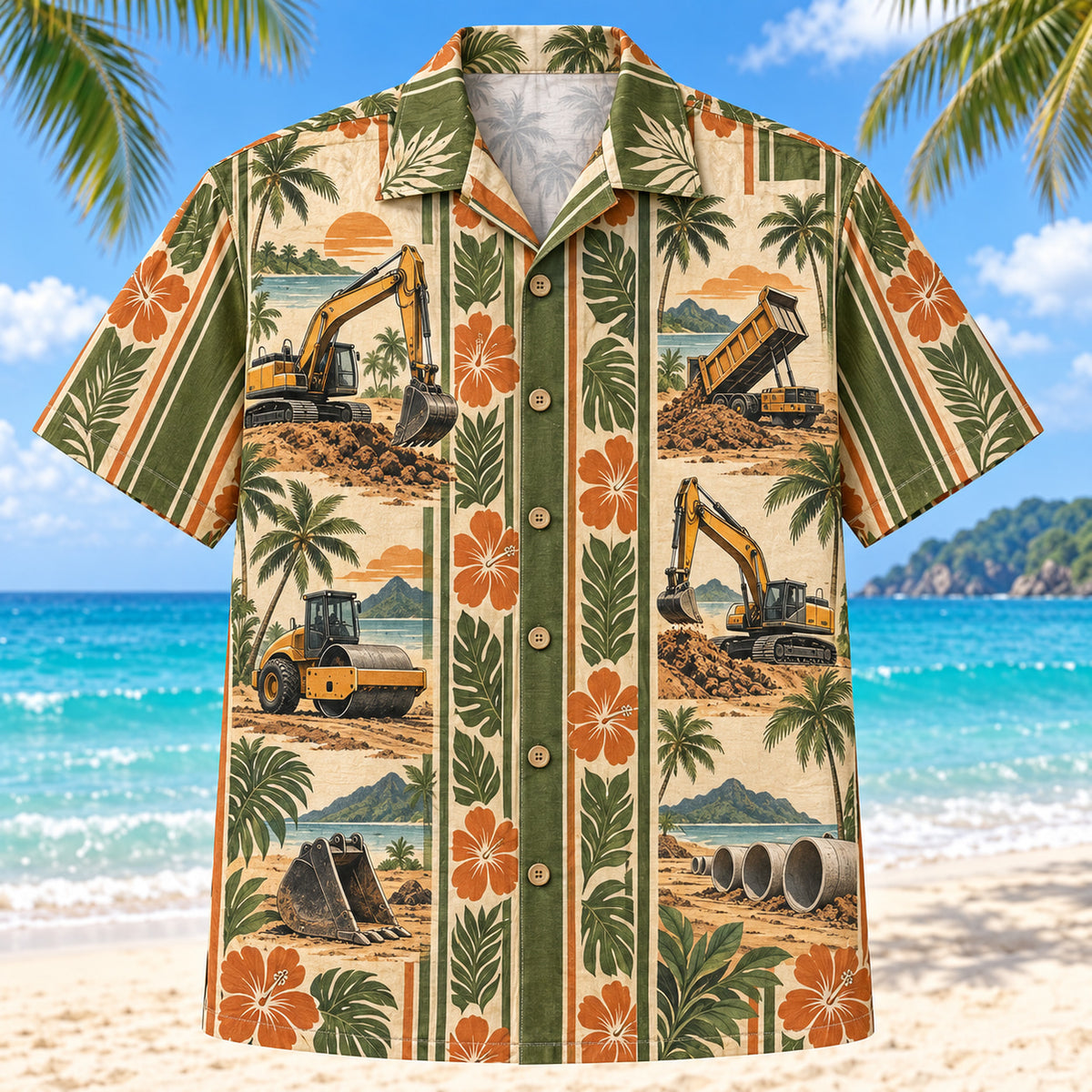 Front view of Resort Stripes Heavy Equipment Operator Hawaiian Shirt with vertical resort stripes rhythmically interrupted by generic excavators, rollers, buckets and original construction scenes
