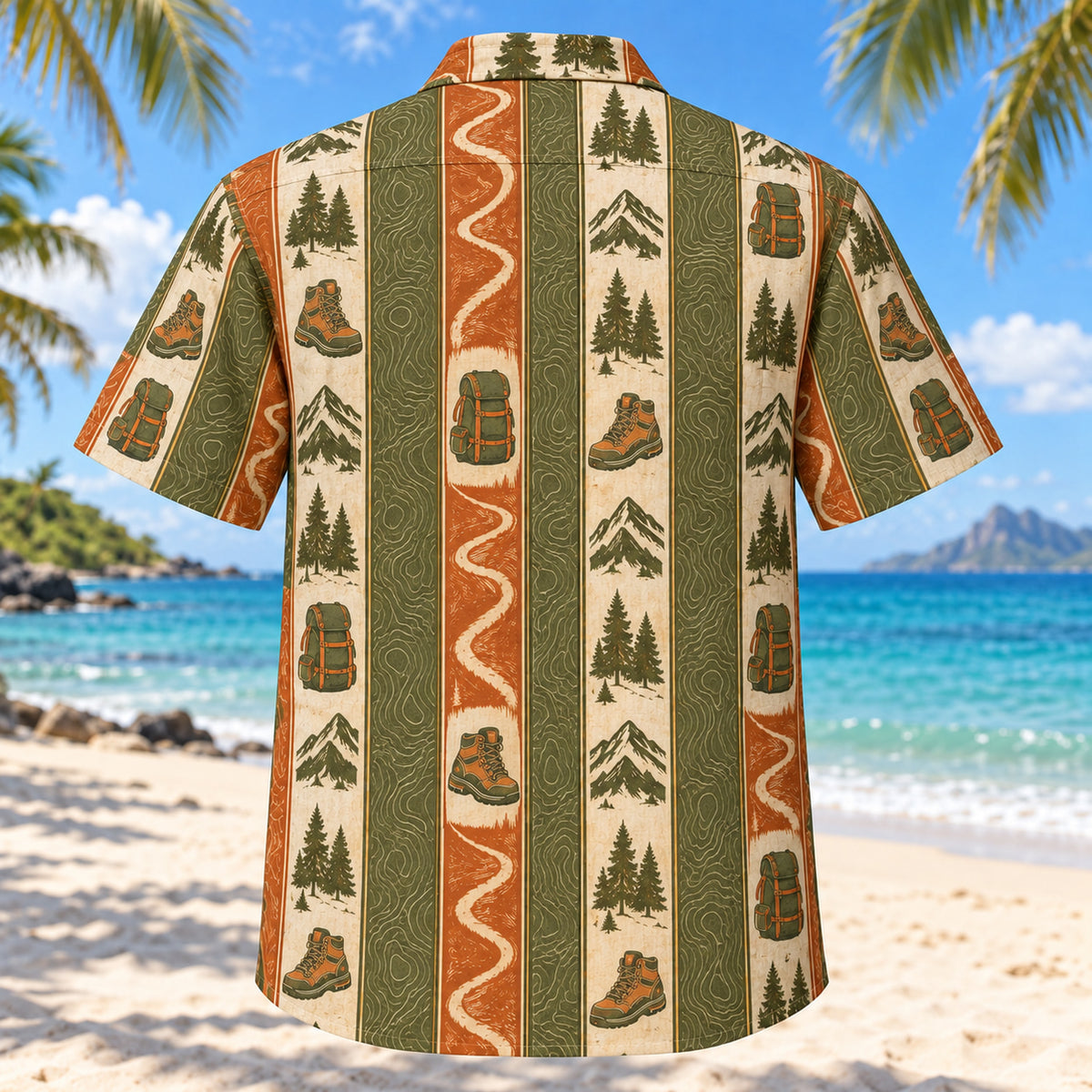 Back view of Resort Stripes Hiking and Backpacking Hawaiian Shirt with matching hiking and backpacking artwork in olive green, parchment, burnt orange